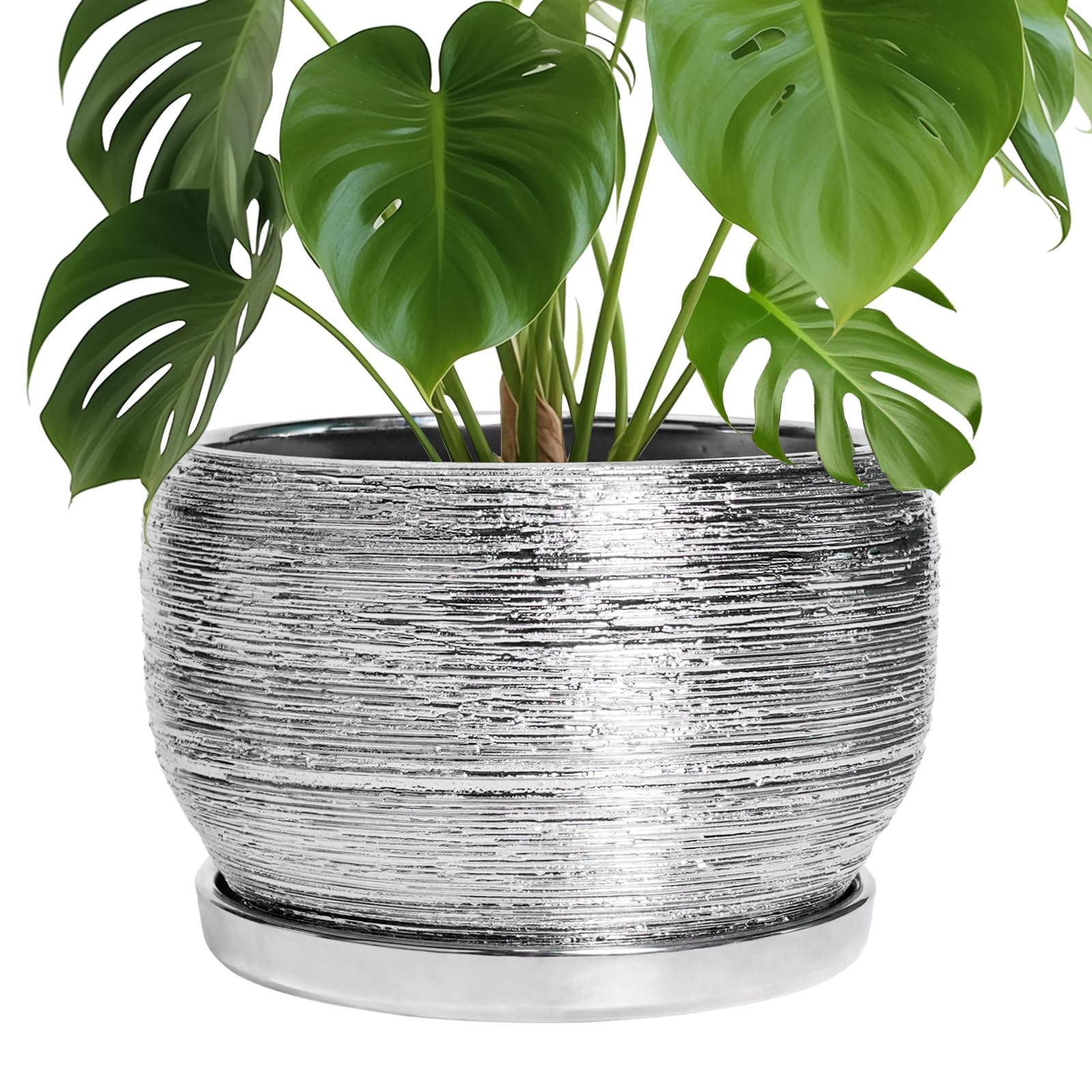 SQOWL Ceramic Planter 8 Inch - Pot for Indoor Outdoor Plants Round Ceramic Plant Pot with Drainage Hole and Saucer Modern Flower Pot Glazed Blue