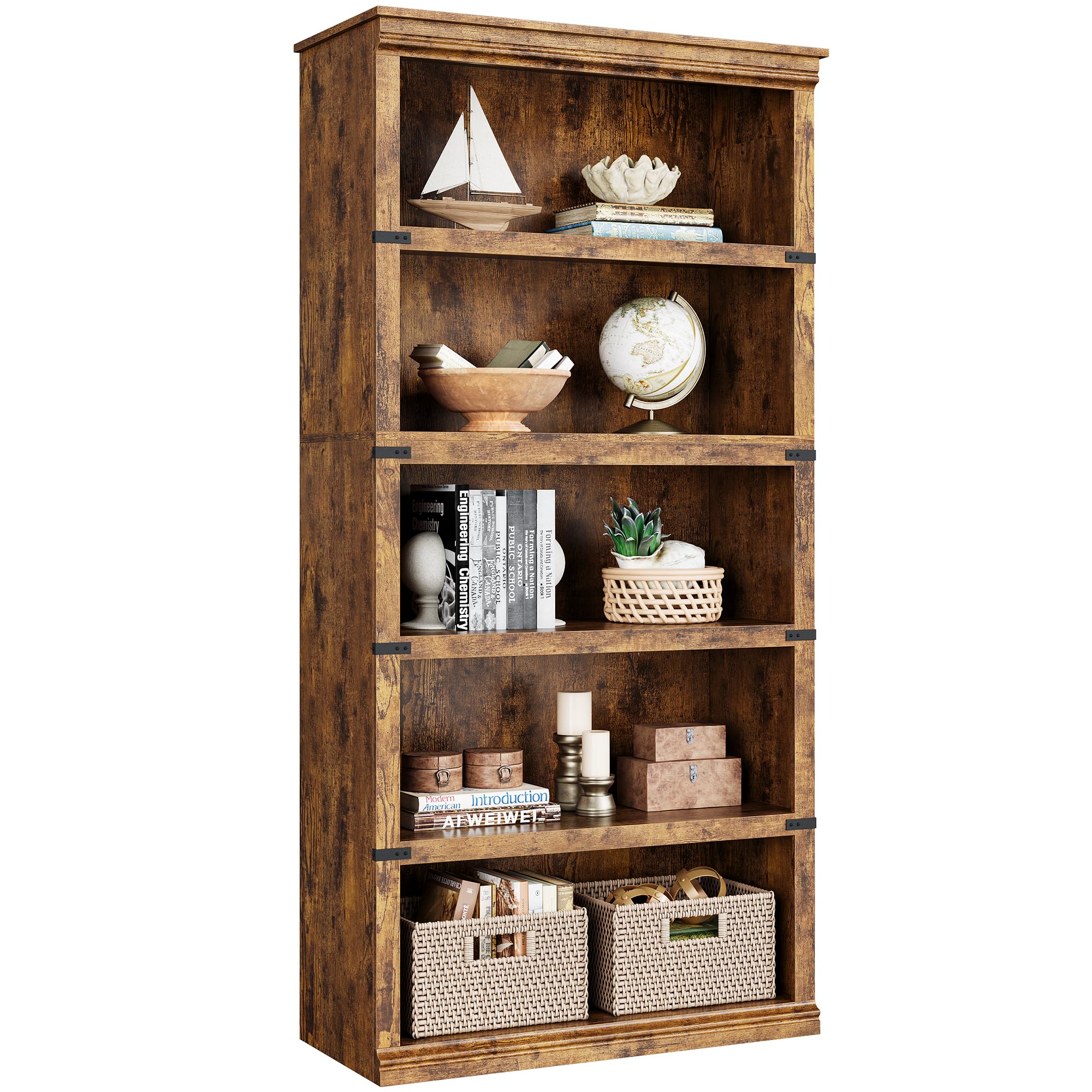 IDEALHOUSE 5 Tier Bookcase, Farmhouse Book Shelf with Storage Open Display Bookshelves, 67.4" Tall Book Case Wooden 5 Shelf Bookcase Home Decor Furniture for Home Office, Living Room- Reddish Brown
