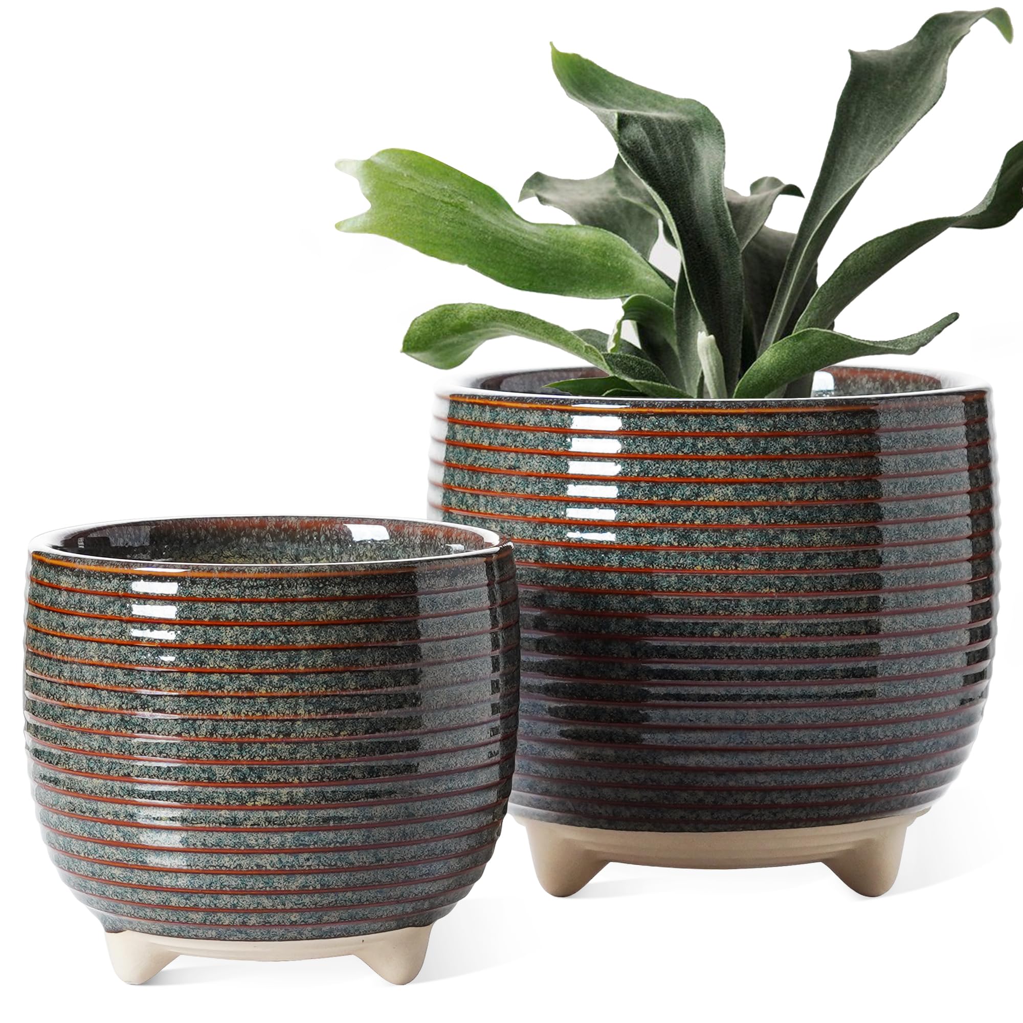 LE TAUCI Ceramic Plant Pots, 5.1 + 6.4 Inch Footed Pots for Plants, Modern Flower Pots for Home and Office, Indoor Planters with Drainage, Reactive Glaze White