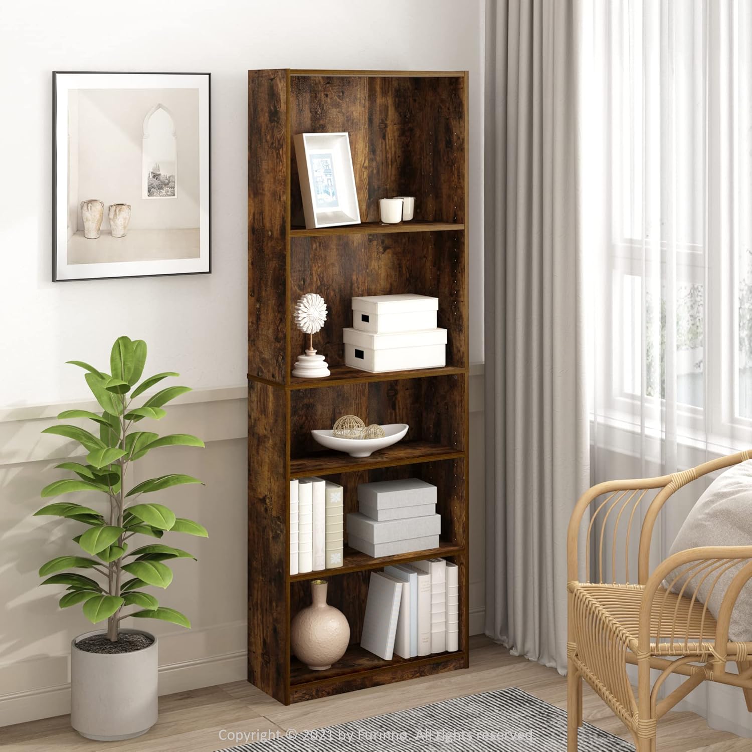 Furinno JAYA Book Shelf, 5-Tier Bookshelf, Bookcase with Adjustable Shelves, 9.5" x 24.5" x 71.2", for Organization and Storage, for Living Room, Bedroom, Home Office, Amber Pine
