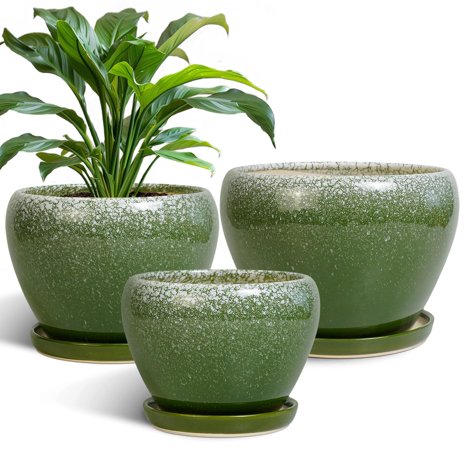 Ceramic Plant Pots Indoor, 10 Inch 8 Inch 6 Inch Round Planters Pots for Indoor Outdoor Plants, Modern Large Flower Pots with Drainage Holes and Saucers, Set of 3, Blue
