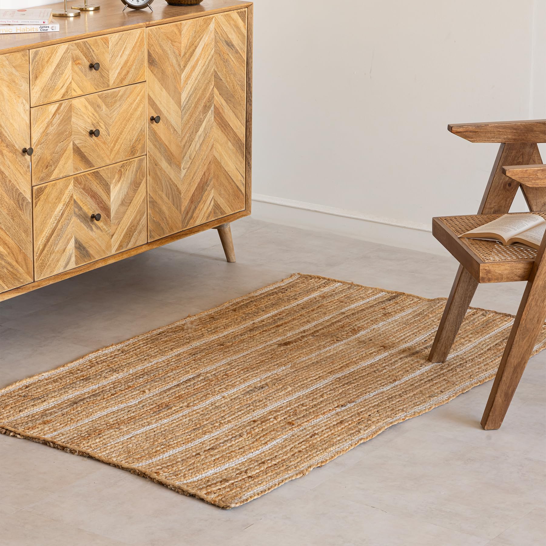HOMEMONDE Natural Braided Jute Area Rug 4x6 ft - Off White Stripe Eco Friendly Premium Fiber - Hand Woven Rustic Vintage Reversible Carpet Rugs for Bedroom, Kitchen, Living Room and Dining Room