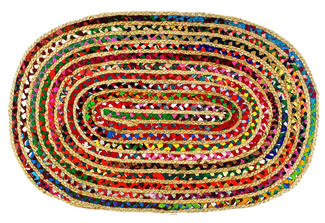 COTTON CRAFT Jute Chindi Braid Rag Rug - Boho Farmhouse Rustic Area Accent Throw Rug - Handwoven Reversible Natural Recycled Cotton - Living Room Den Study Home Décor Gift - 4 Feet Round - Multi Color