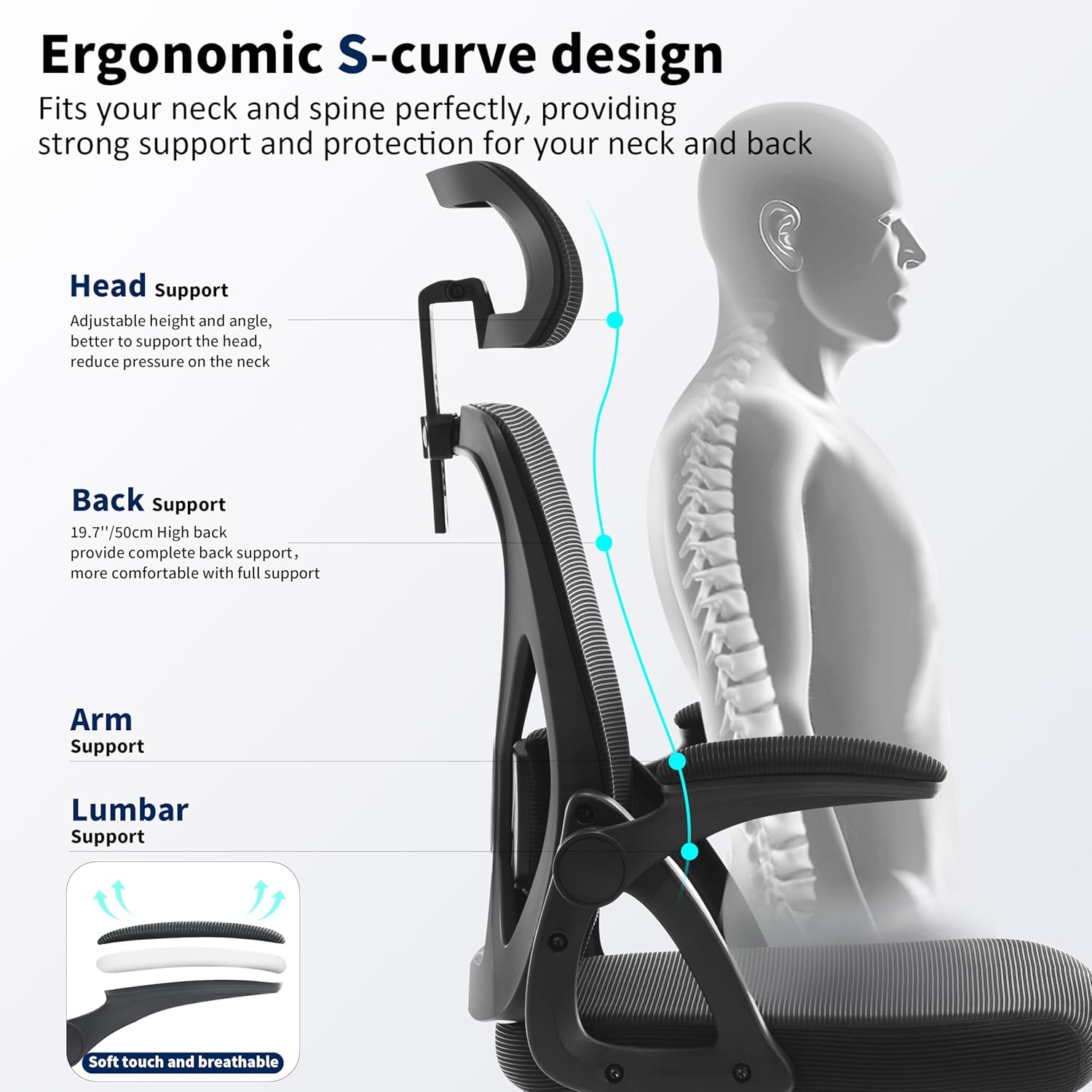 Office Chair,Ergonomic Desk Chair with Adjustable Lumbar Support,400 Lbs Mesh Computer Chair High Back with Headrest for Home Office (Black)