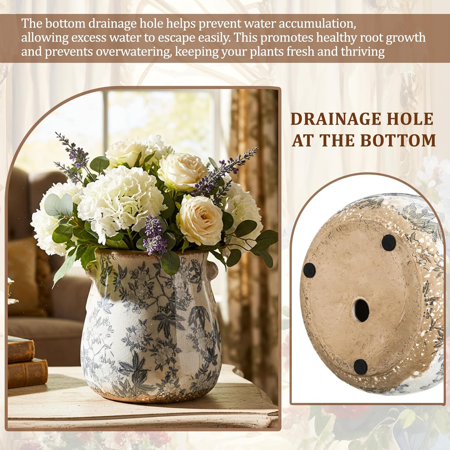 Ceramic Scroll Planter 6.5 Inch Chinoiserie Floral Vase with Drainage Holes Vintage Flower Vase Flower Pot Rustic Ceramic Pots for Indoor Plants Garden Home Bookshelf Decor(Retro Gray)