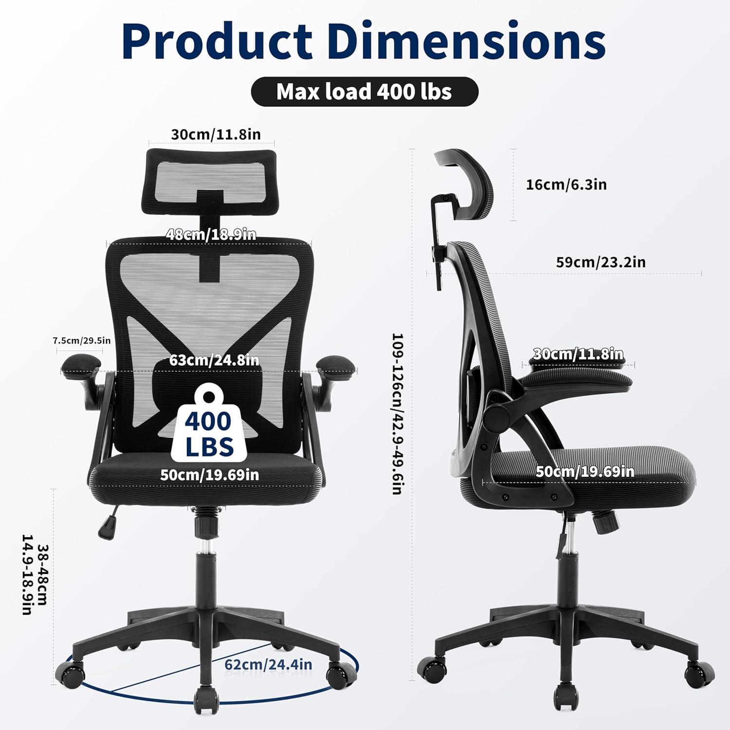 Office Chair,Ergonomic Desk Chair with Adjustable Lumbar Support,400 Lbs Mesh Computer Chair High Back with Headrest for Home Office (Black)