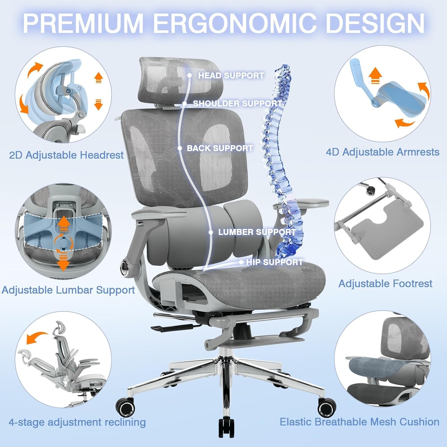 Ergonomic Mesh Office Chair with Footrest, High Back Desk Chair with 4D Armrests, 3-Zone Dynamic Lumbar Support, Ergonomic Office Chair with Wheels (Silver Gray)