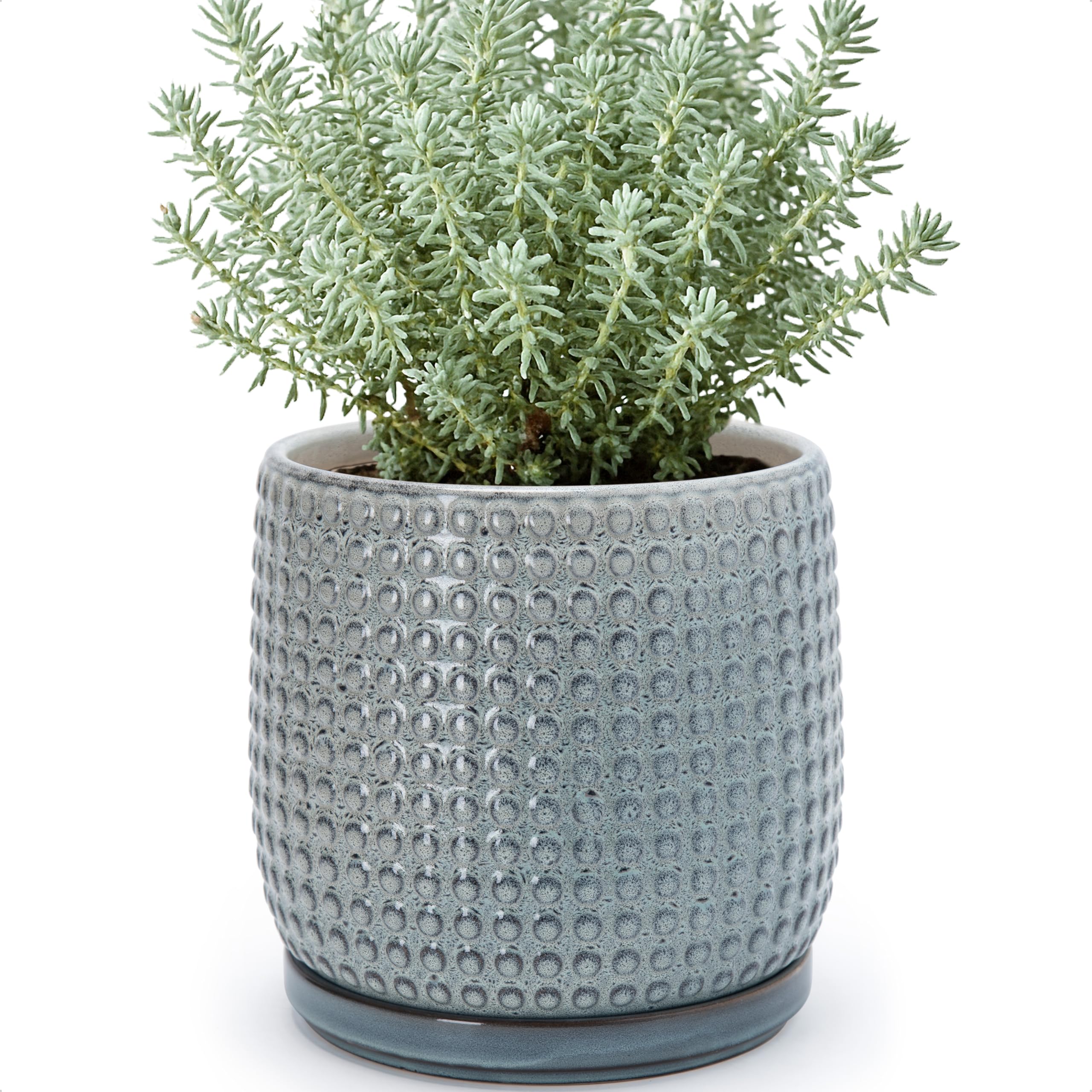 D'vine Dev 4 Inch Ceramic Beaded Stoneware Planter Pot - Flower Pot with Drainage Holes and Saucers for Indoor Succulent Plants or Flowers, Smoked White, 27-C-Z-1
