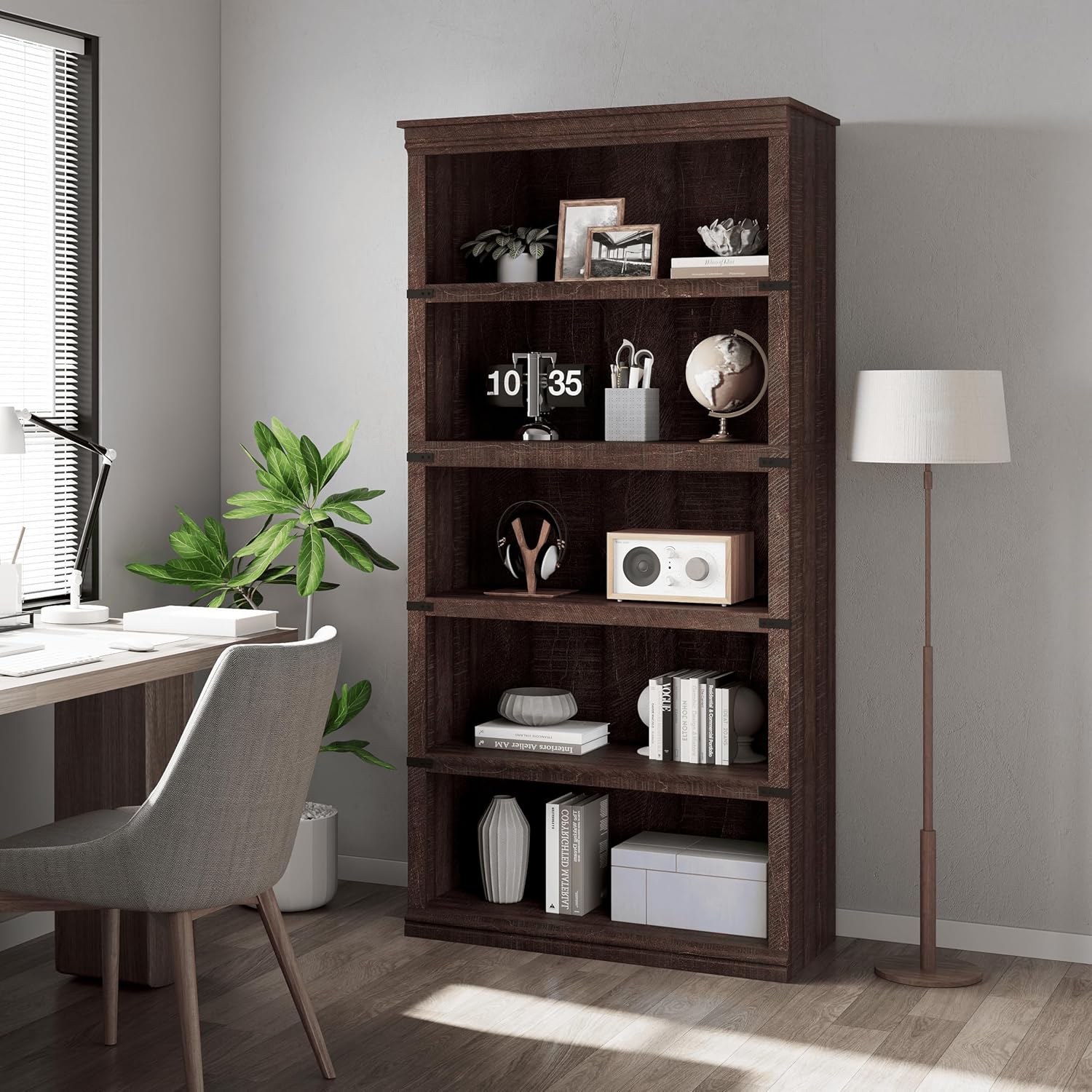 IDEALHOUSE 5 Tier Bookcase, Farmhouse Book Shelf with Storage Open Display Bookshelves, 67.4" Tall Book Case Wooden 5 Shelf Bookcase Home Decor Furniture for Home Office, Living Room- Reddish Brown