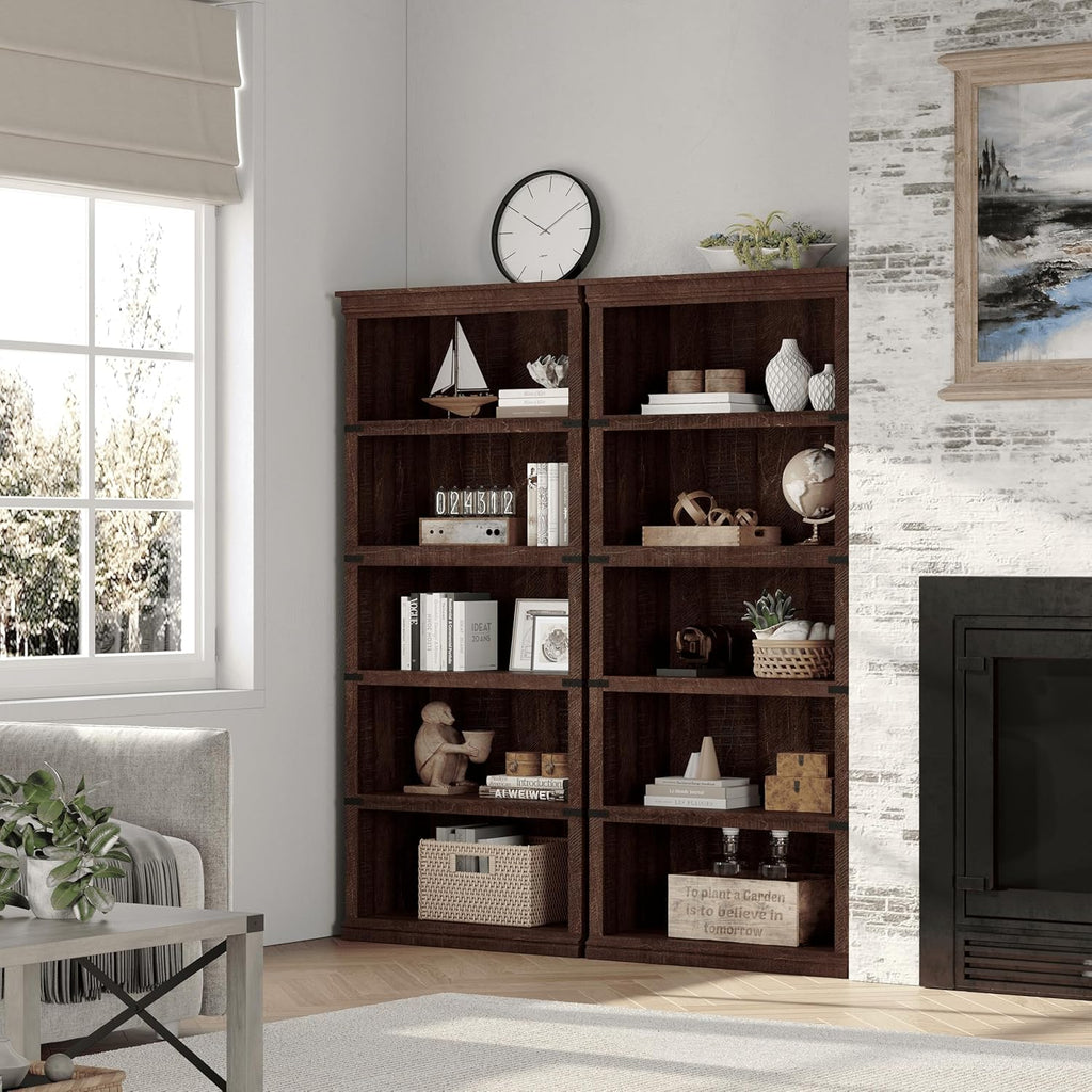 IDEALHOUSE 5 Tier Bookcase, Farmhouse Book Shelf with Storage Open Display Bookshelves, 67.4" Tall Book Case Wooden 5 Shelf Bookcase Home Decor Furniture for Home Office, Living Room- Reddish Brown