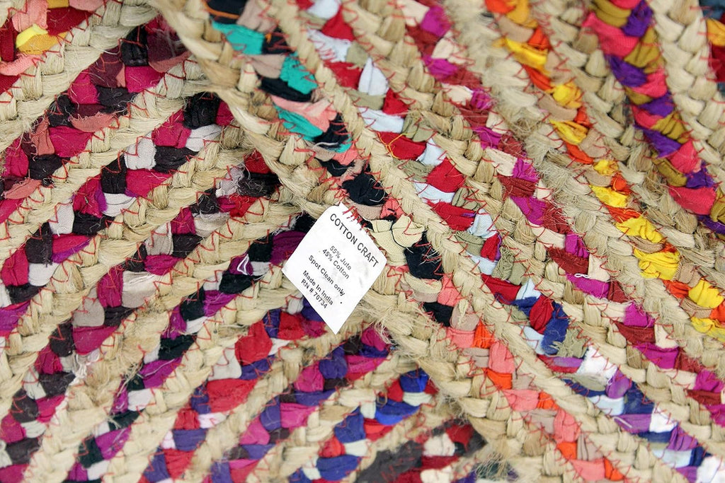 COTTON CRAFT Jute Chindi Braid Rag Rug - Boho Farmhouse Rustic Area Accent Throw Rug - Handwoven Reversible Natural Recycled Cotton - Living Room Den Study Home Décor Gift - 4 Feet Round - Multi Color
