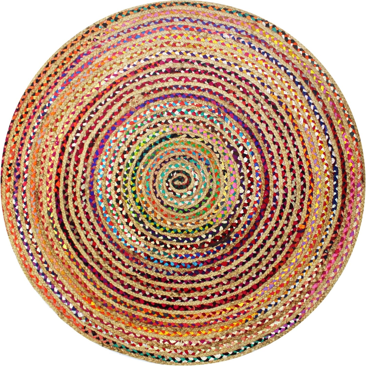 COTTON CRAFT Jute Chindi Braid Rag Rug - Boho Farmhouse Rustic Area Accent Throw Rug - Handwoven Reversible Natural Recycled Cotton - Living Room Den Study Home Décor Gift - 4 Feet Round - Multi Color