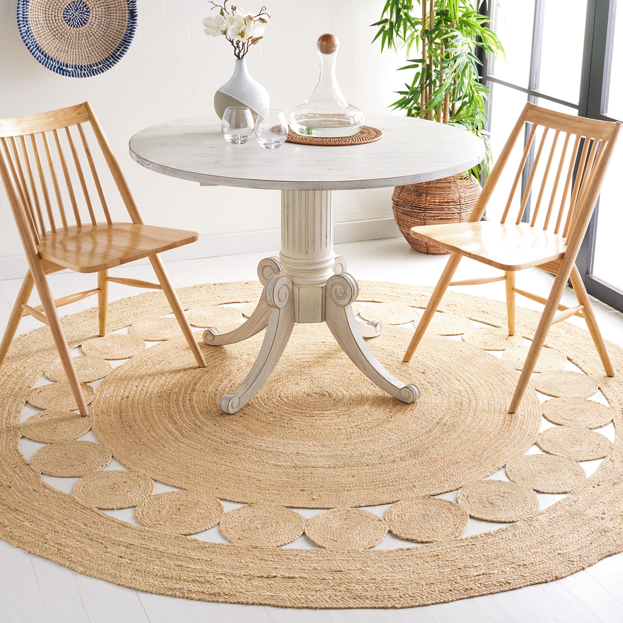 SAFAVIEH Area Rug 4' Round - Natural Fiber Collection - Natural Brown, Handmade Jute, Boho Farmhouse Braided Design (NF364A)
