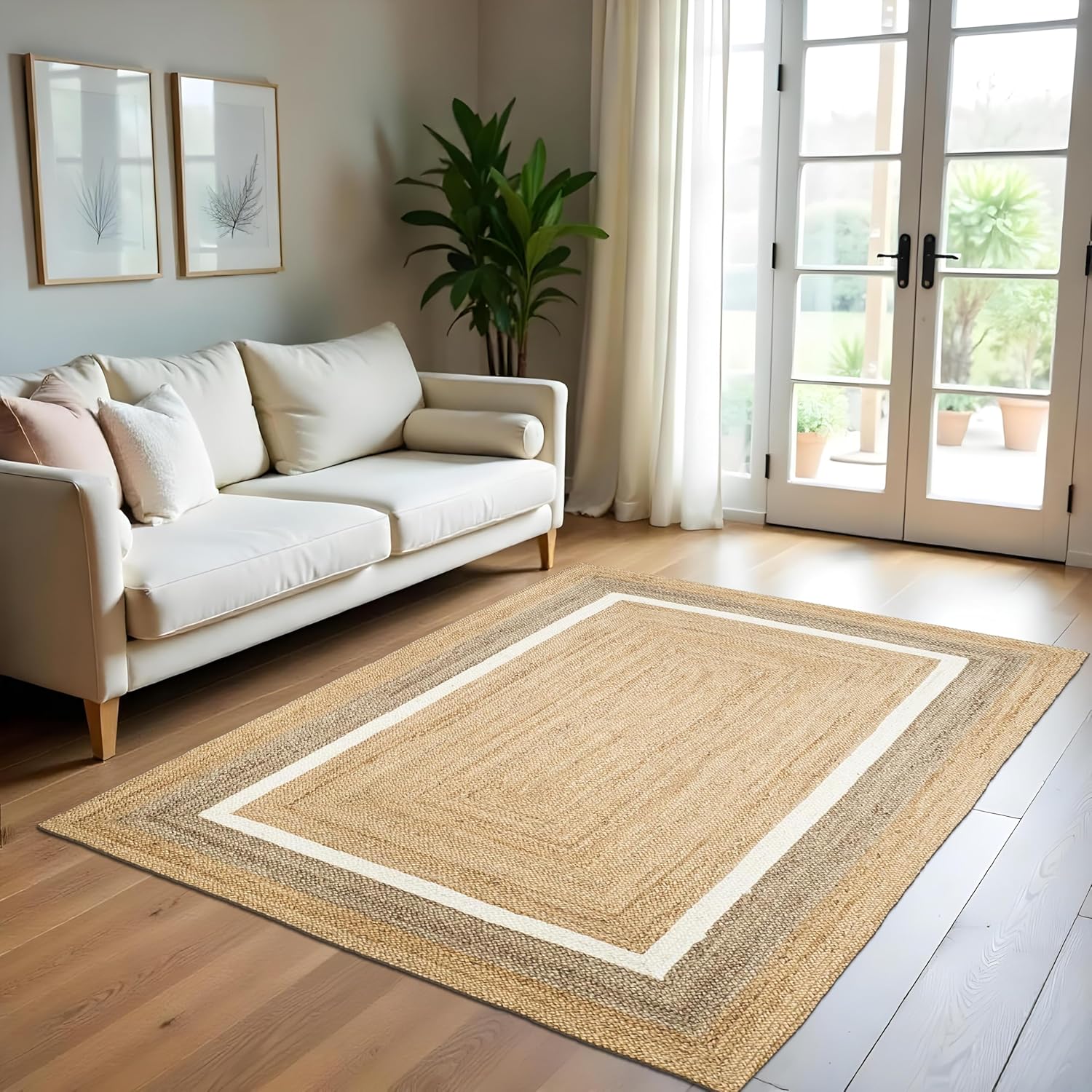 voyzz home 5X8 Feet-Rectangular, Premium Natural Jute High Traffic Braided Area Rug, Stain Resistance, Handmade Rug for Entryways,Living Room,Dining Room,Bedroom,Farmhouse (Natural & Grey & Ivory)