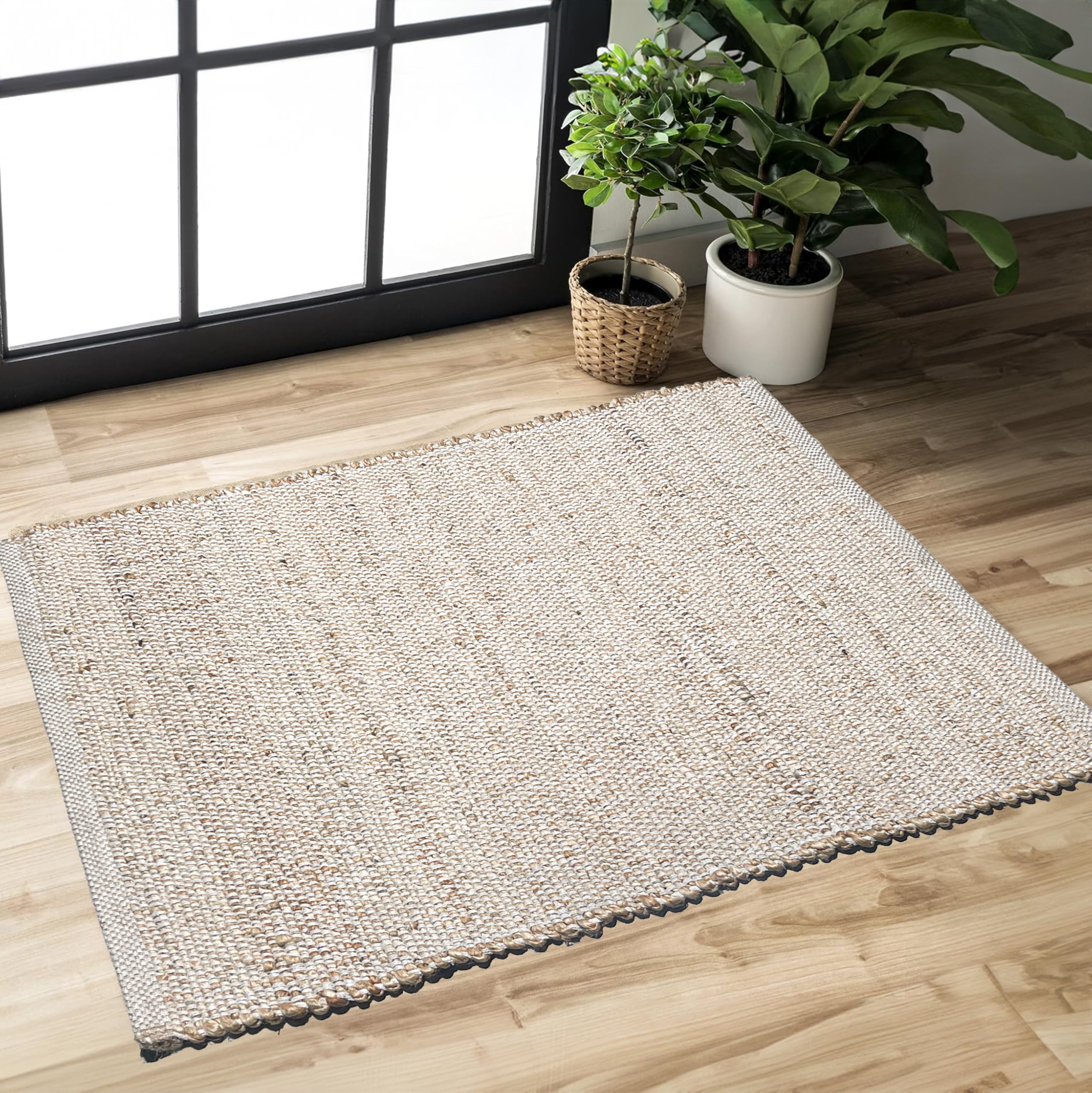 Chardin home 5x7 Jute Cotton Hand Woven Area Rug, Natural Jute Braided Boho Farmhouse Rug, Rustic Vintage Reversible Natural Fiber Rug for Living Room, Bedroom, Dining Room, Office, or Entryway.