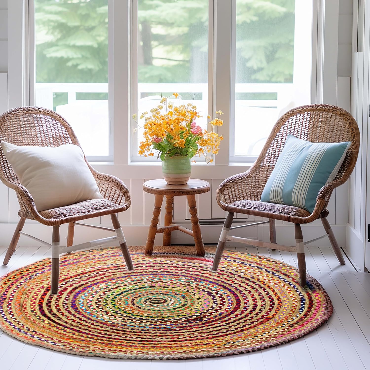 COTTON CRAFT Jute Chindi Braid Rag Rug - Boho Farmhouse Rustic Area Accent Throw Rug - Handwoven Reversible Natural Recycled Cotton - Living Room Den Study Home Décor Gift - 4 Feet Round - Multi Color