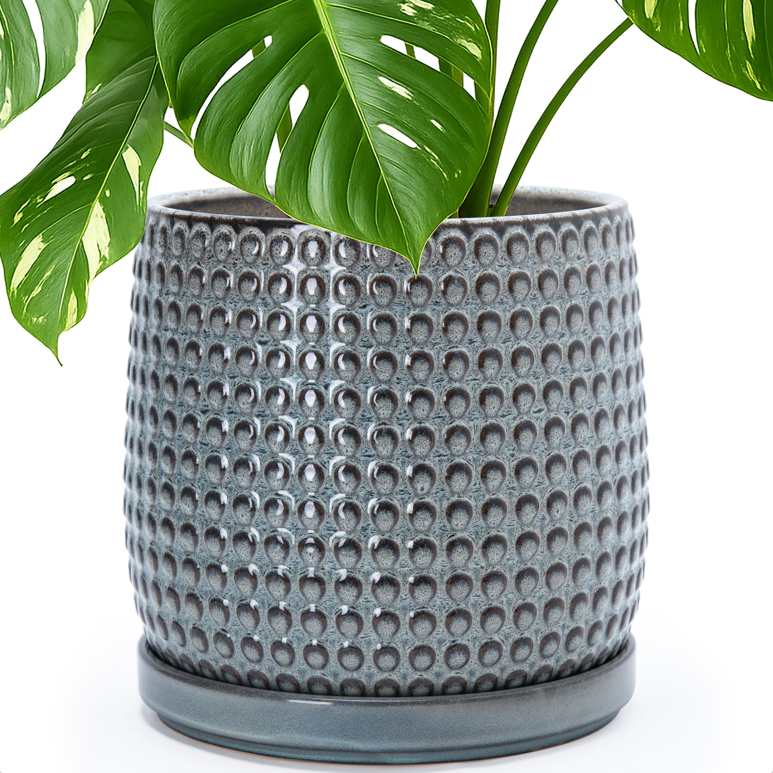 D'vine Dev 4 Inch Ceramic Beaded Stoneware Planter Pot - Flower Pot with Drainage Holes and Saucers for Indoor Succulent Plants or Flowers, Smoked White, 27-C-Z-1