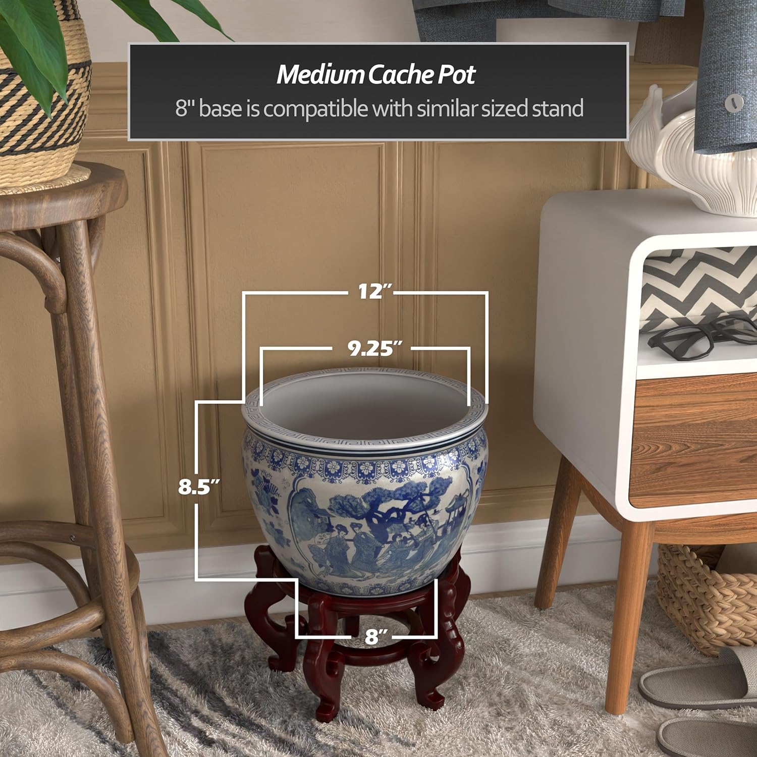 Red Lantern 12" Ladies Blue & White Porcelain Fishbowl Planter or Cachepot for Indoor/Outdoor Use in Garden Entryway Living Room Boho Eclectic Modern Contemporary Classic Traditional Style Decor