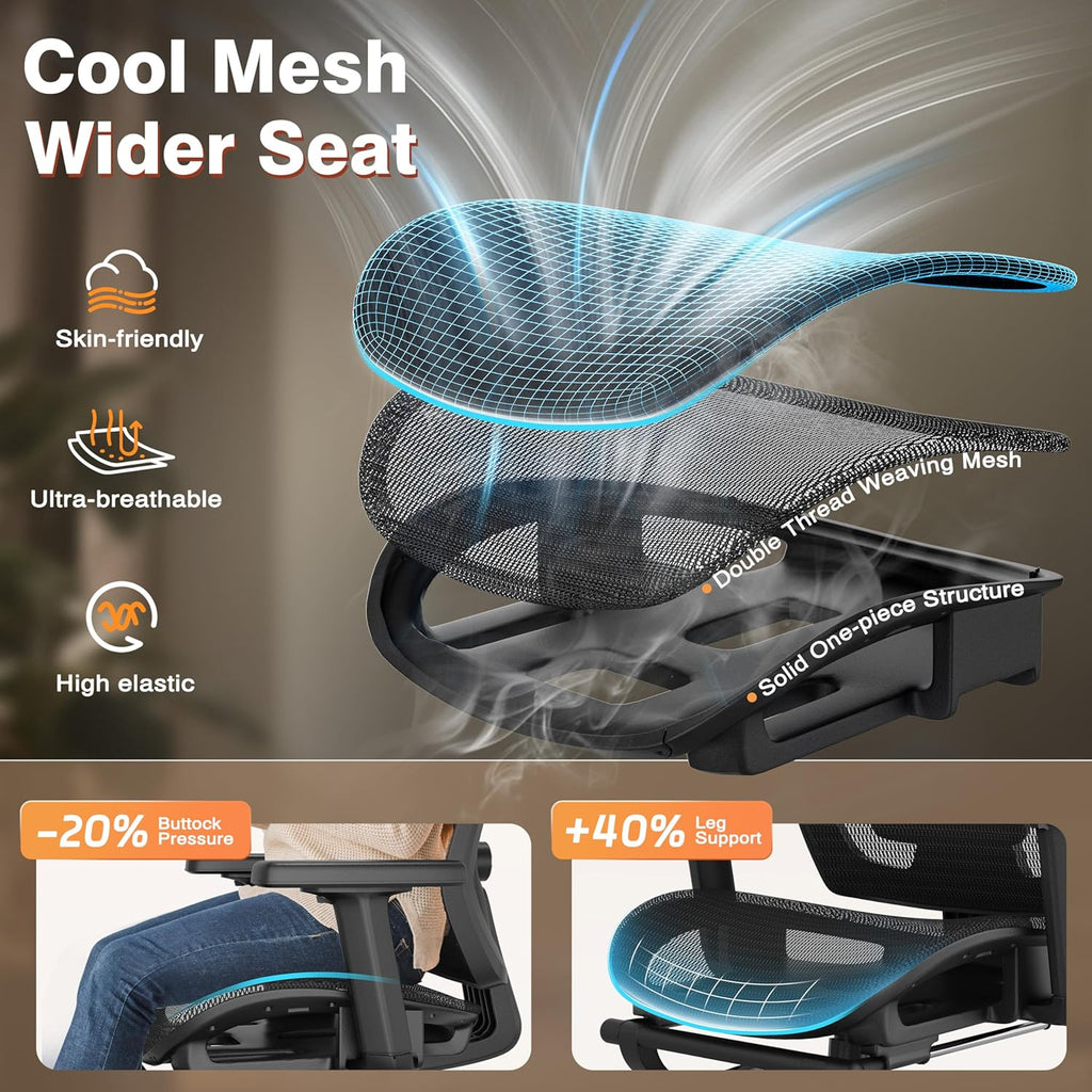 Ergonomic Office Chair with Footrest, Desk Chair Comfy with 3D Adjustable Lumbar Support & Arm & Headrest, 4 Gear 90°-135° Tilt, Wide Air Mesh Seat, Heavy Duty Class-4 Gas Lift, Computer Gaming Chair