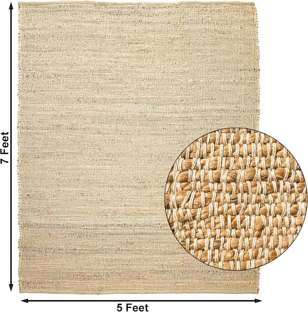 Chardin home 5x7 Jute Cotton Hand Woven Area Rug, Natural Jute Braided Boho Farmhouse Rug, Rustic Vintage Reversible Natural Fiber Rug for Living Room, Bedroom, Dining Room, Office, or Entryway.