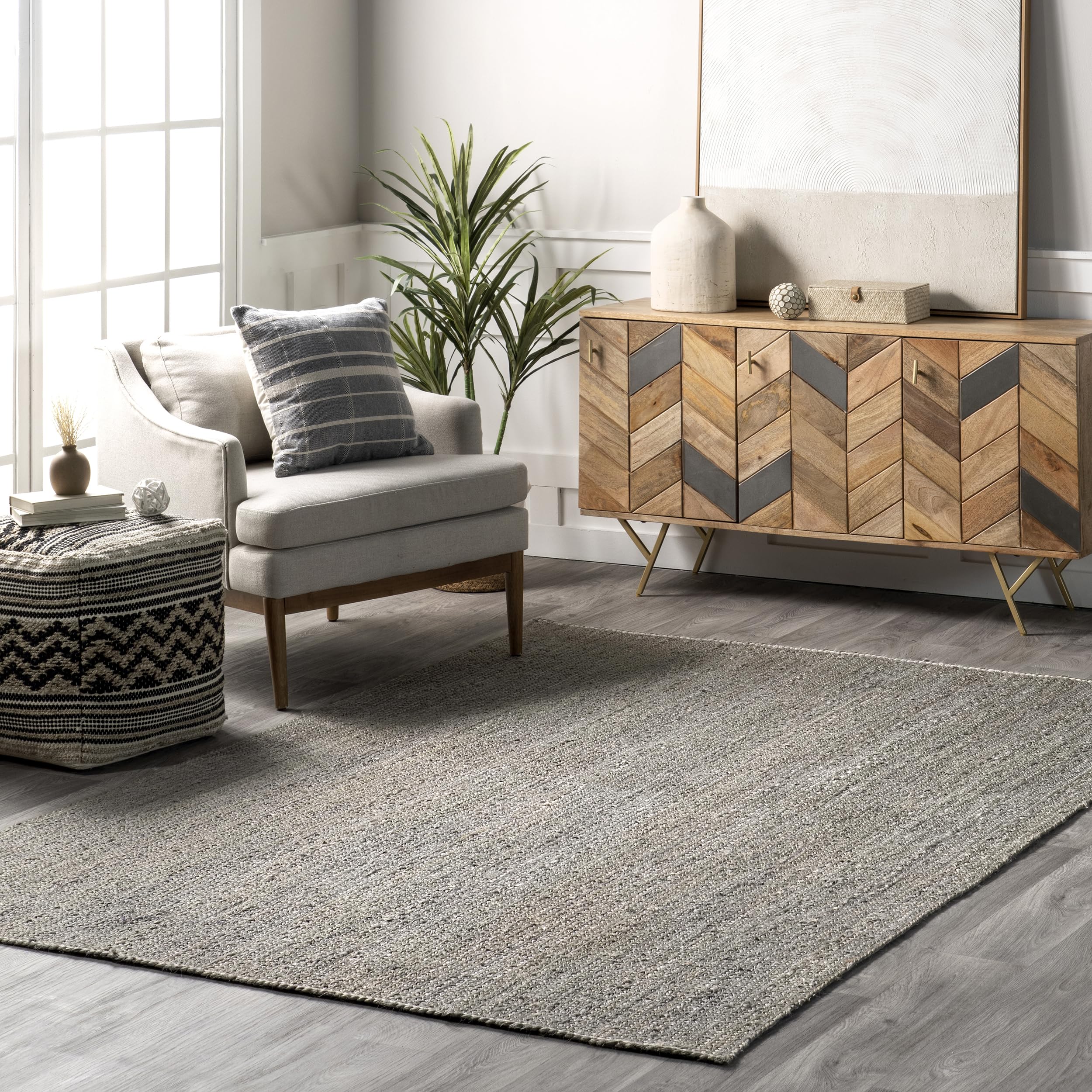 nuLOOM 6x9 Rigo Jute Hand Woven Area Rug, Natural, Solid Farmhouse Design, Natural Fiber, For Bedroom, Living Room, Dining Room, Hallway, Office, Kitchen, Entryway