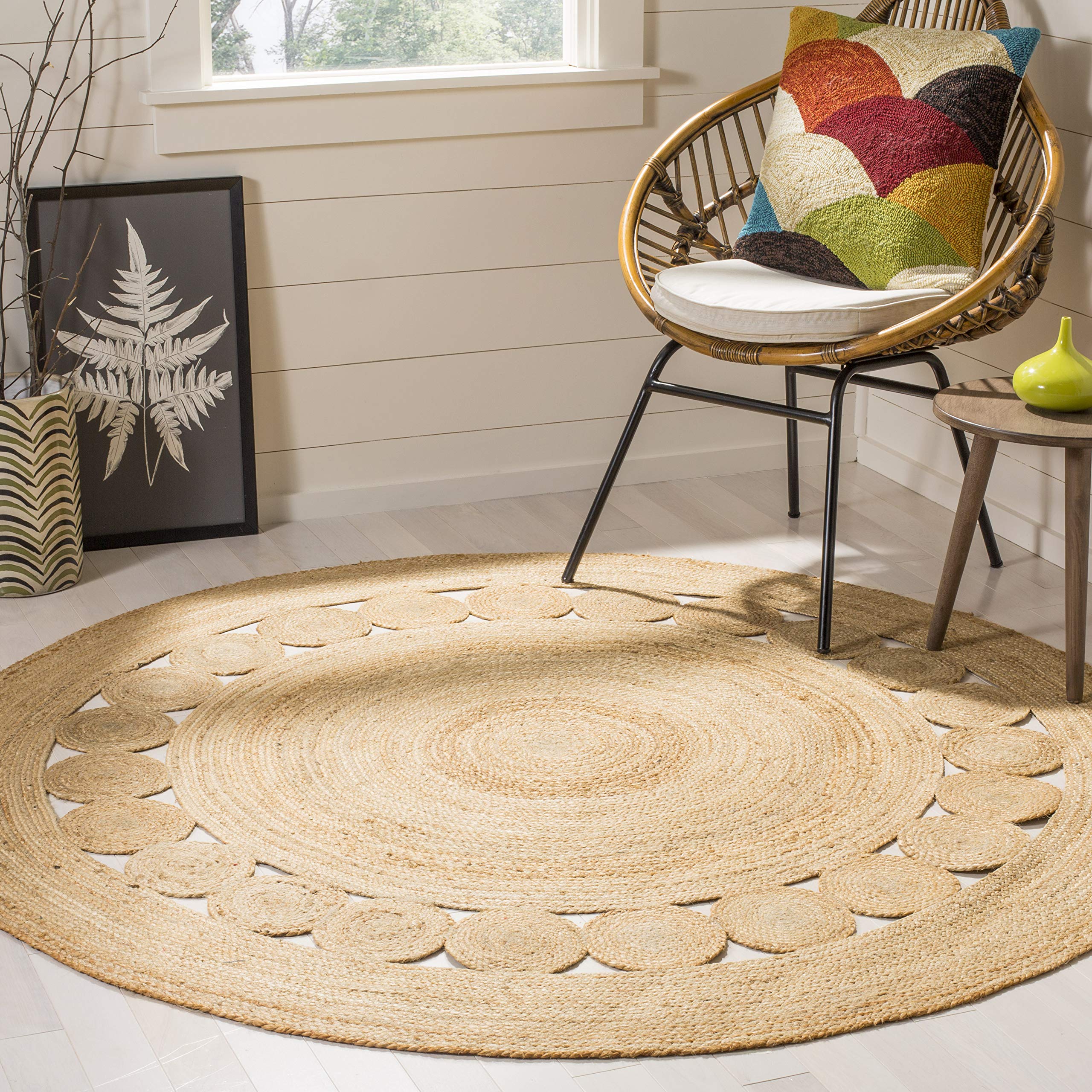 SAFAVIEH Area Rug 4' Round - Natural Fiber Collection - Natural Brown, Handmade Jute, Boho Farmhouse Braided Design (NF364A)