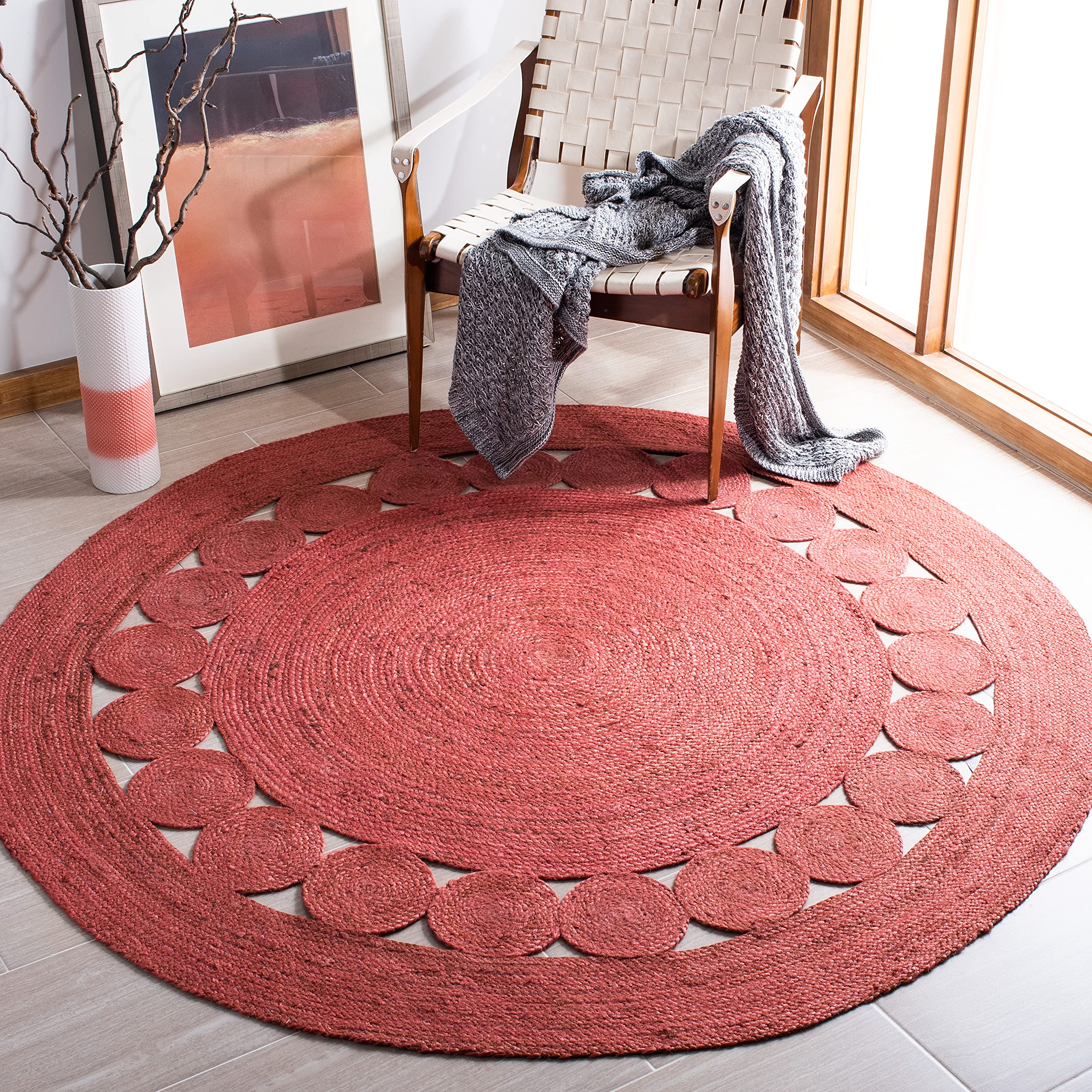 SAFAVIEH Area Rug 4' Round - Natural Fiber Collection - Natural Brown, Handmade Jute, Boho Farmhouse Braided Design (NF364A)